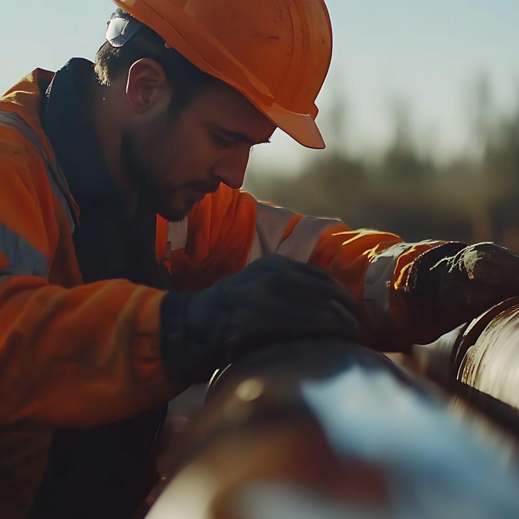 Pipeline technician inspecting and repairing pipeline leaks in the field. Featuring leak inspection